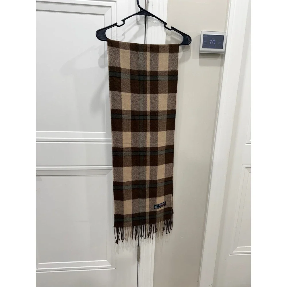 Brown Plaid Cashmere Blend Scarf Tan Grey Checkered Winter Fringe Wrap Accessory